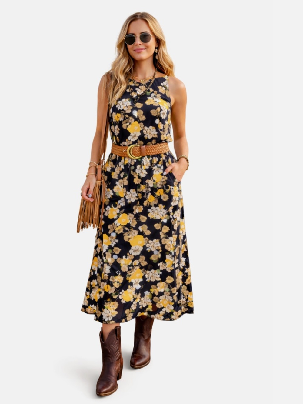 Natural Life maxi dress Size L / XL Tank style floral print black and yellow